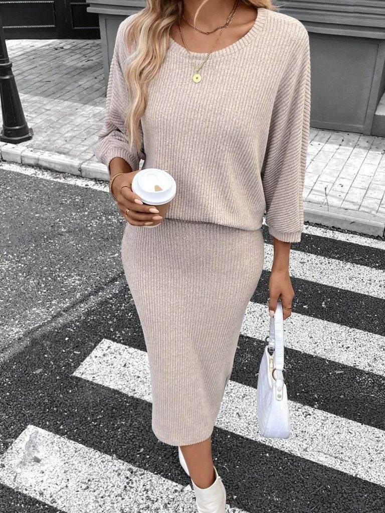 SHEIN LUNE 2pcs Women Casual Striped Round Neck 3/4 Sleeve Top And Pencil Midi Skirt Set, Suitable For Autumn/Winter Brown Two Piece Set Women Striped Two Piece Set - Image 124