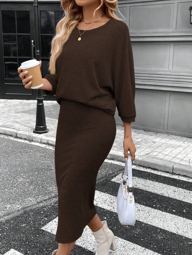 SHEIN LUNE 2pcs Women Casual Striped Round Neck 3/4 Sleeve Top And Pencil Midi Skirt Set, Suitable For Autumn/Winter Brown Two Piece Set Women Striped Two Piece Set - Image 128