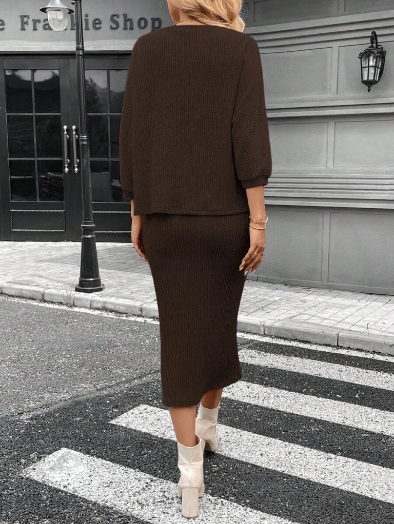 SHEIN LUNE 2pcs Women Casual Striped Round Neck 3/4 Sleeve Top And Pencil Midi Skirt Set, Suitable For Autumn/Winter Brown Two Piece Set Women Striped Two Piece Set - Image 129