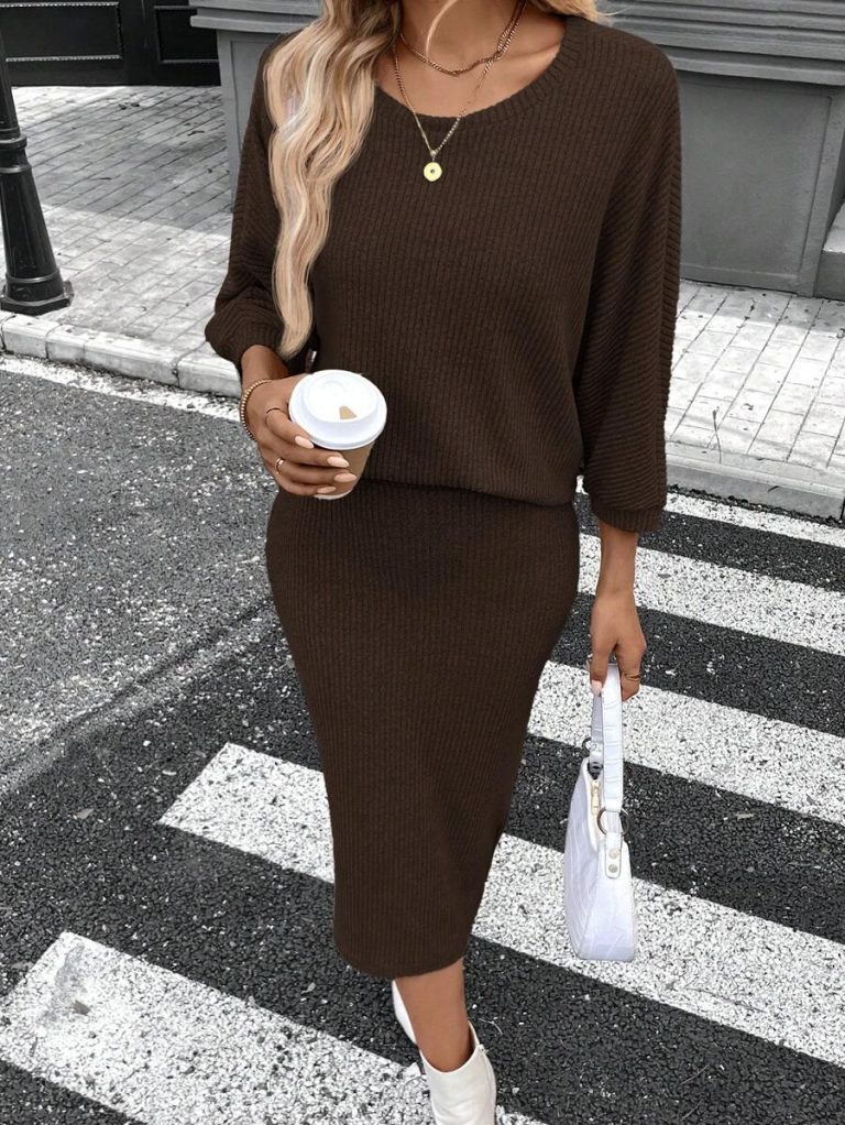 SHEIN LUNE 2pcs Women Casual Striped Round Neck 3/4 Sleeve Top And Pencil Midi Skirt Set, Suitable For Autumn/Winter Brown Two Piece Set Women Striped Two Piece Set - Image 130