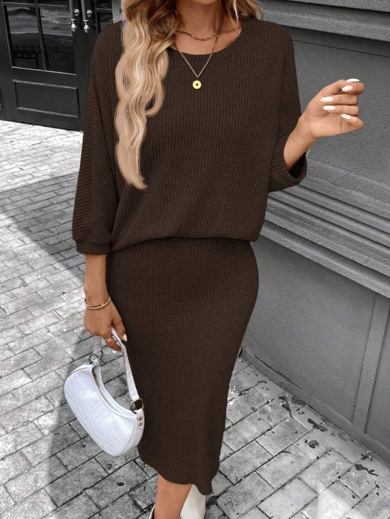 SHEIN LUNE 2pcs Women Casual Striped Round Neck 3/4 Sleeve Top And Pencil Midi Skirt Set, Suitable For Autumn/Winter Brown Two Piece Set Women Striped Two Piece Set - Image 133