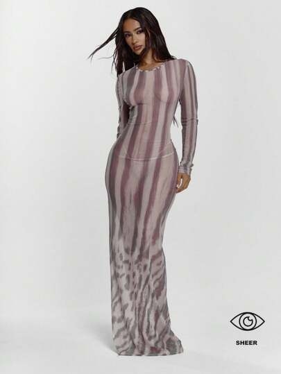 MUSERA Fitted Animal Printed Mesh Long Sleeve Crew Neck Maxi Dress Sexy Going Out Autumn Fall Night Out Winter Cute Streetwear Feraux