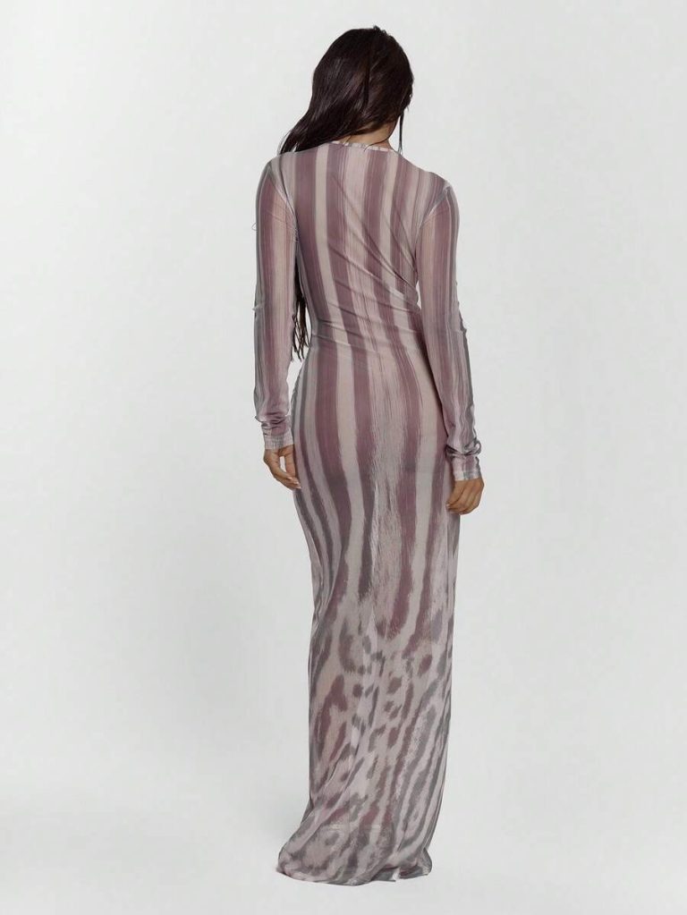 MUSERA Fitted Animal Printed Mesh Long Sleeve Crew Neck Maxi Dress Sexy Going Out Autumn Fall Night Out Winter Cute Streetwear Feraux - Image 3