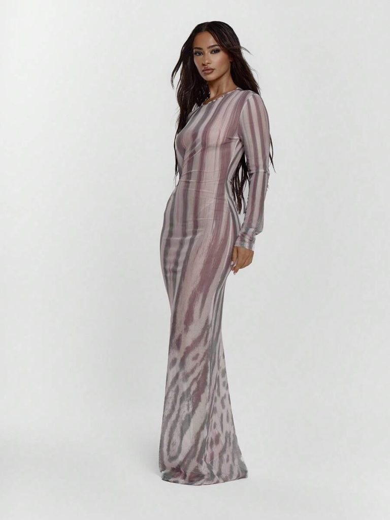 MUSERA Fitted Animal Printed Mesh Long Sleeve Crew Neck Maxi Dress Sexy Going Out Autumn Fall Night Out Winter Cute Streetwear Feraux - Image 4