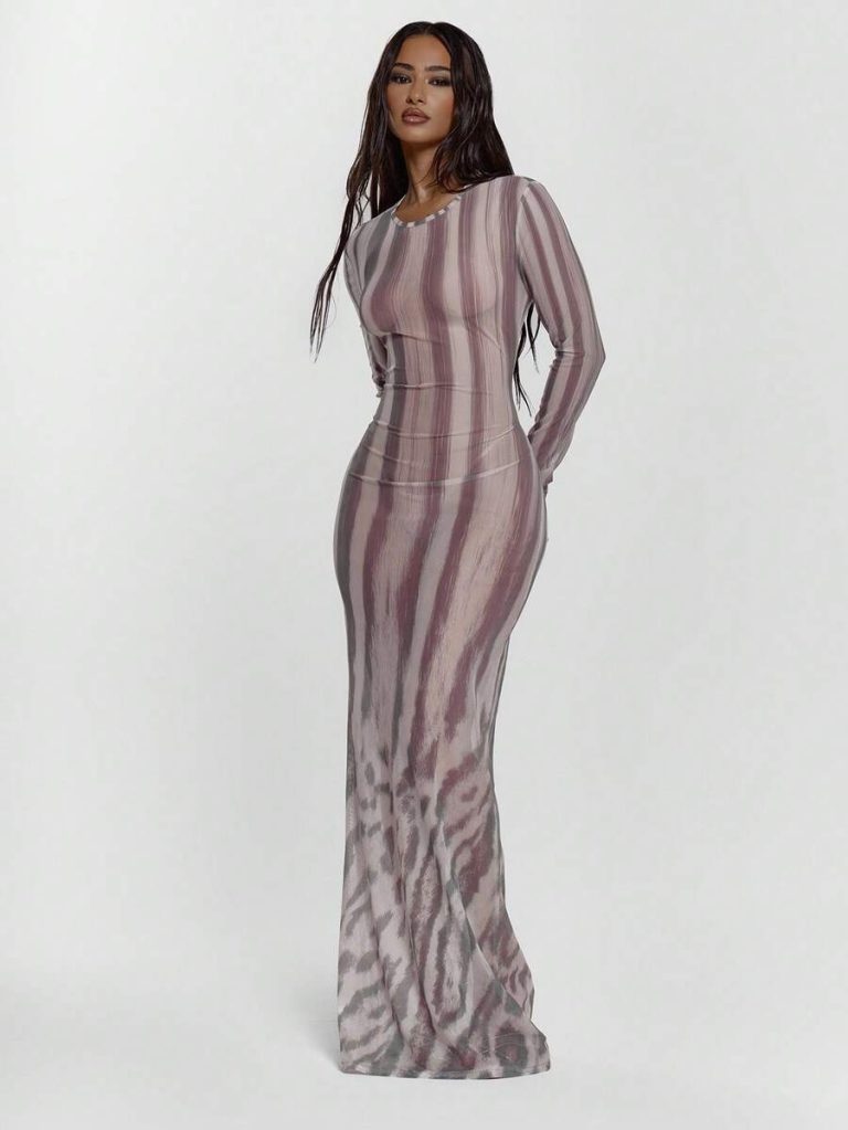 MUSERA Fitted Animal Printed Mesh Long Sleeve Crew Neck Maxi Dress Sexy Going Out Autumn Fall Night Out Winter Cute Streetwear Feraux - Image 5