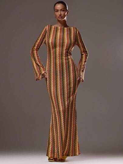 MUSERA Textured Stripe Knit Flared Maxi Dress Spring Summer Vacation Boho Ibiza Elegant Beach Cute Wedding Guest, Elegant, Date Night, Christmas, Halloween, Fall, Winter