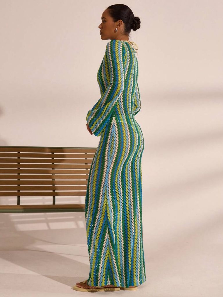 MUSERA Textured Stripe Knit Flared Maxi Dress Spring Summer Vacation Boho Ibiza Elegant Beach Cute Wedding Guest, Elegant, Date Night, Christmas, Halloween, Fall, Winter - Image 9