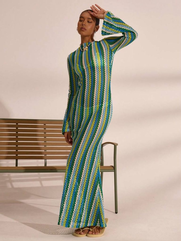 MUSERA Textured Stripe Knit Flared Maxi Dress Spring Summer Vacation Boho Ibiza Elegant Beach Cute Wedding Guest, Elegant, Date Night, Christmas, Halloween, Fall, Winter - Image 11