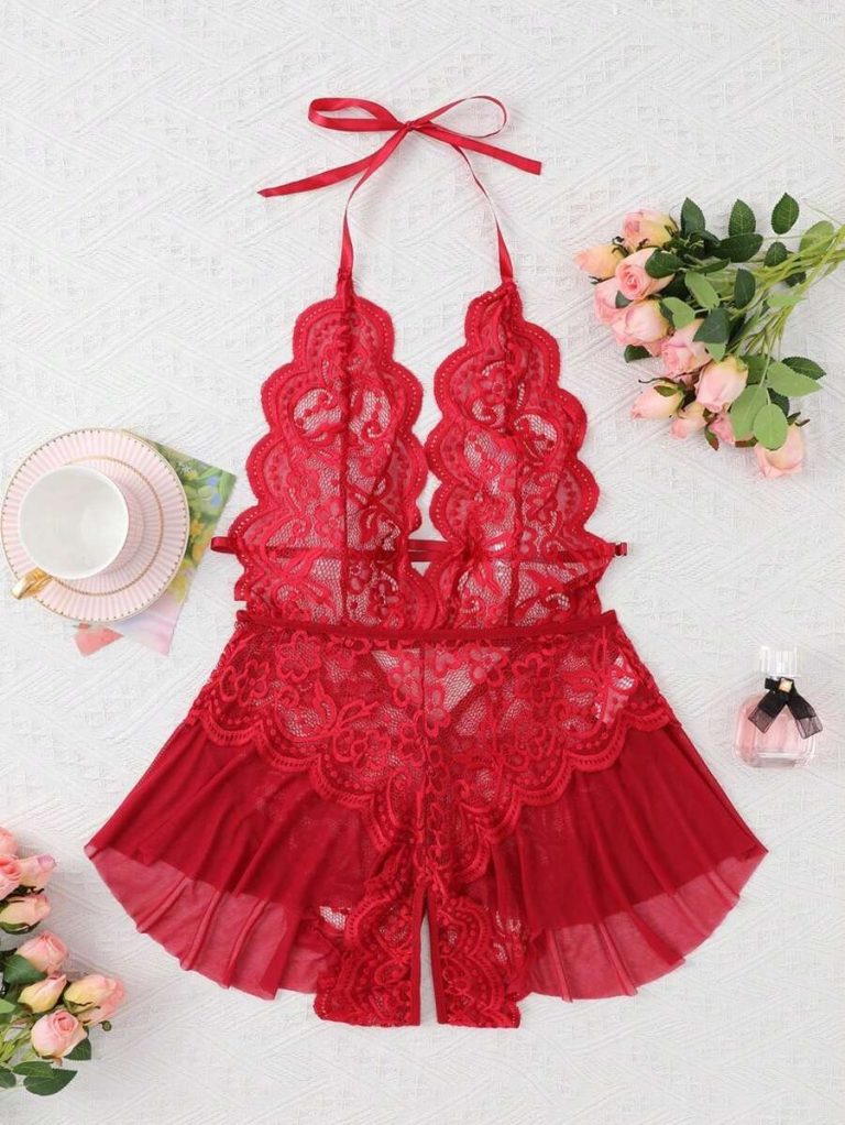 Women's Open Crotch Lace Decorated Backless Halter Neck Sexy Bodysuit With Ruffle Trim, Rave - Image 8