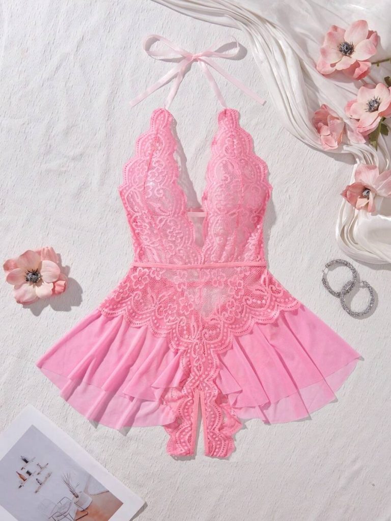 Women's Open Crotch Lace Decorated Backless Halter Neck Sexy Bodysuit With Ruffle Trim, Rave - Image 16