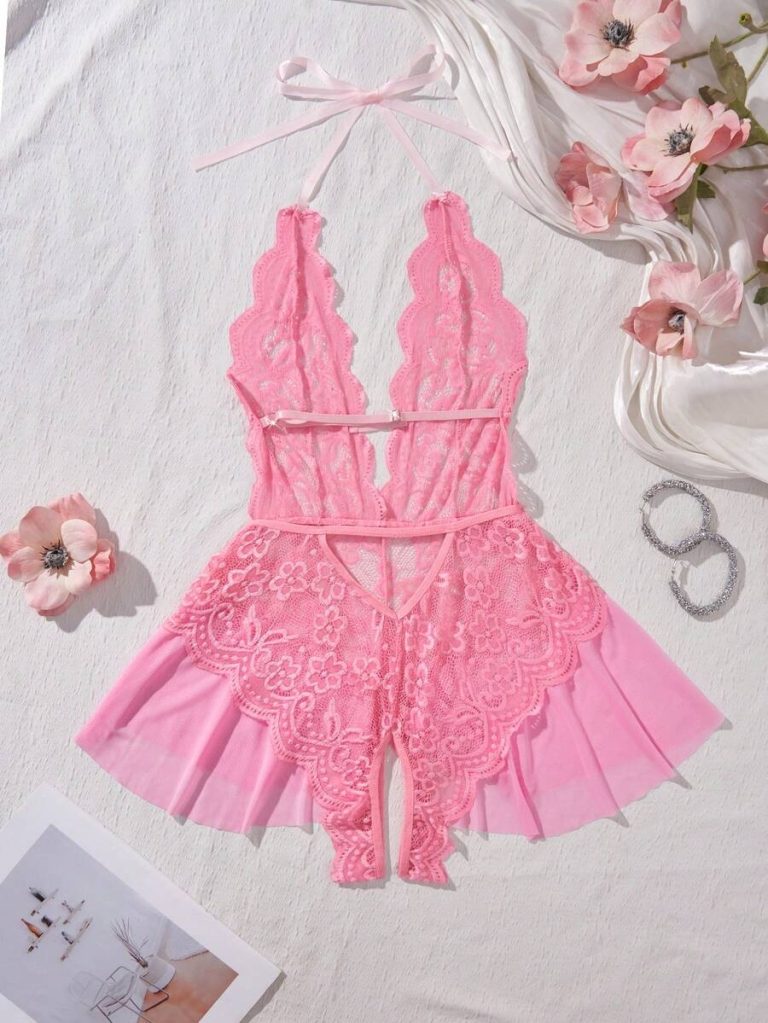 Women's Open Crotch Lace Decorated Backless Halter Neck Sexy Bodysuit With Ruffle Trim, Rave - Image 17