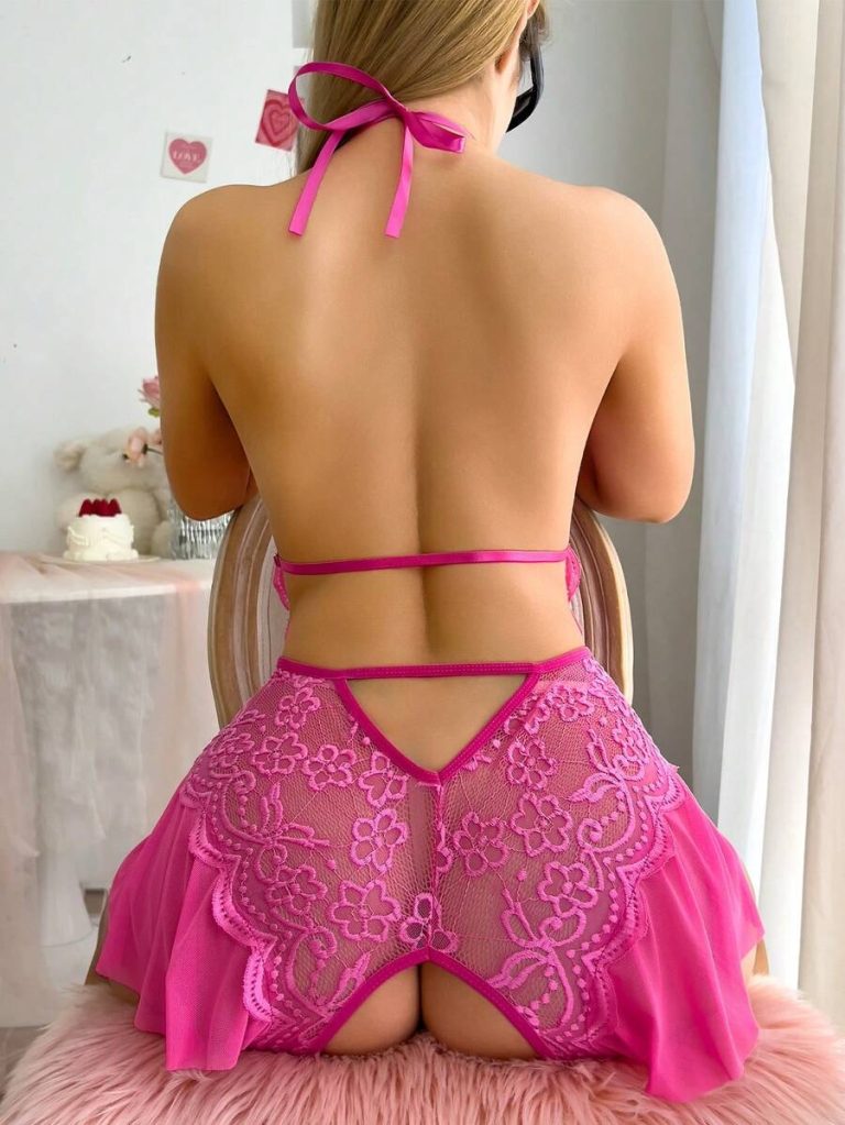 Women's Open Crotch Lace Decorated Backless Halter Neck Sexy Bodysuit With Ruffle Trim, Rave - Image 19