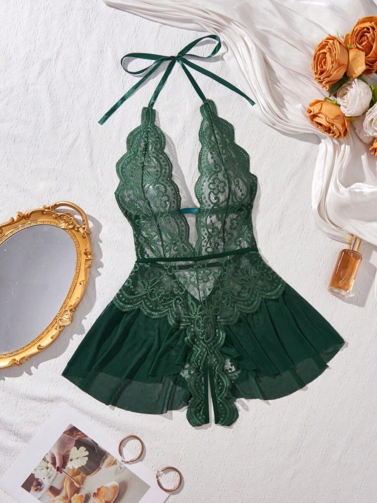 Women's Open Crotch Lace Decorated Backless Halter Neck Sexy Bodysuit With Ruffle Trim, Rave - Image 34