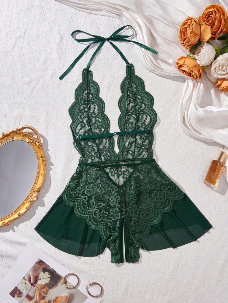 Women's Open Crotch Lace Decorated Backless Halter Neck Sexy Bodysuit With Ruffle Trim, Rave - Image 35