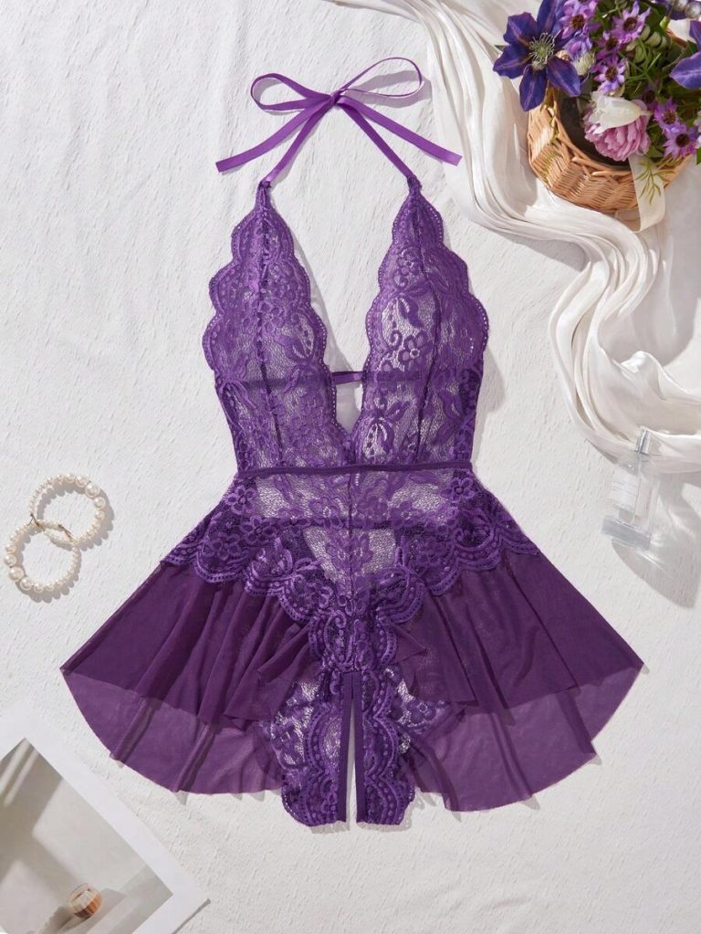 Women's Open Crotch Lace Decorated Backless Halter Neck Sexy Bodysuit With Ruffle Trim, Rave - Image 42