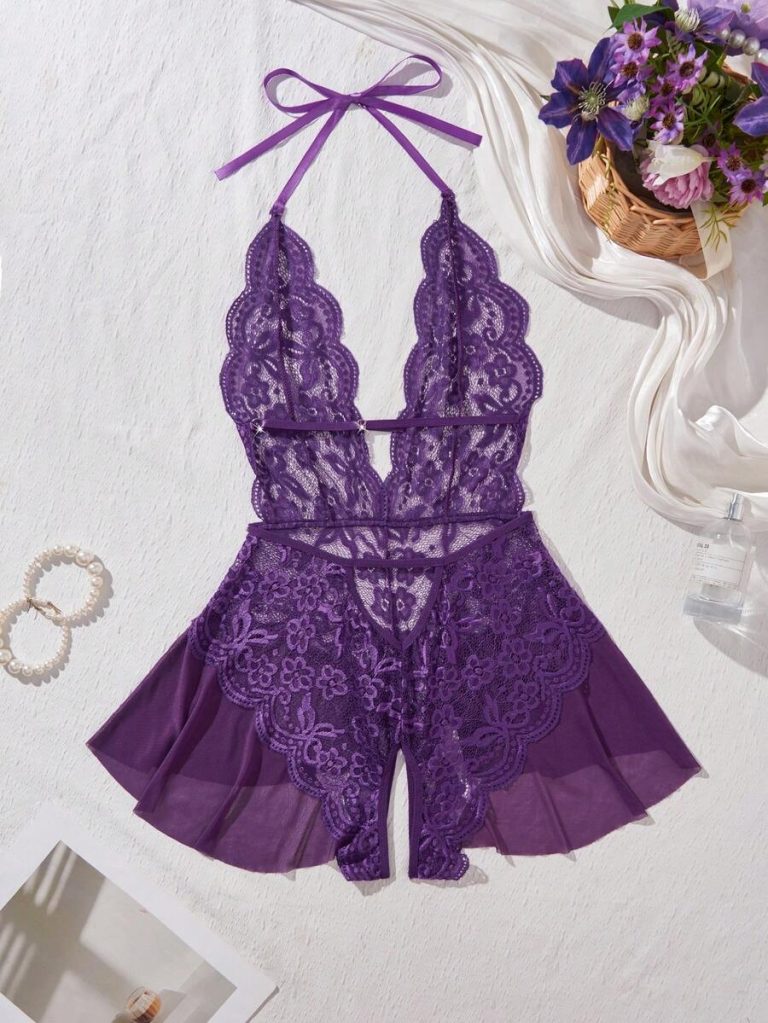 Women's Open Crotch Lace Decorated Backless Halter Neck Sexy Bodysuit With Ruffle Trim, Rave - Image 43