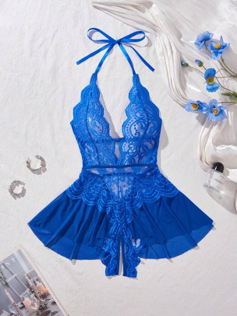 Women's Open Crotch Lace Decorated Backless Halter Neck Sexy Bodysuit With Ruffle Trim, Rave - Image 50