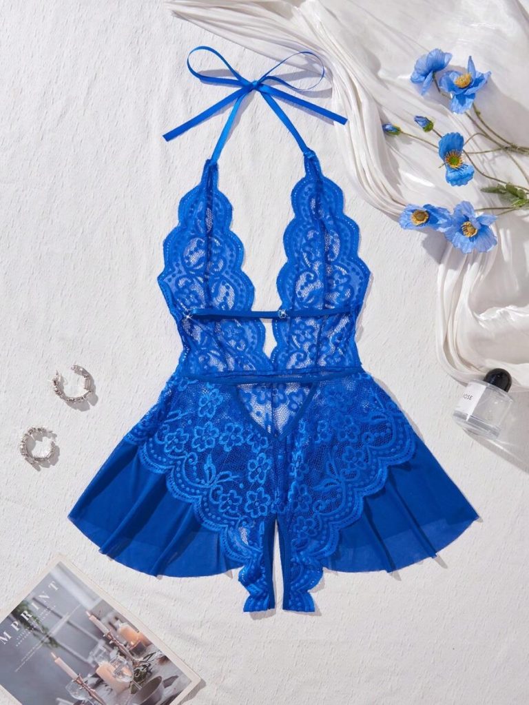 Women's Open Crotch Lace Decorated Backless Halter Neck Sexy Bodysuit With Ruffle Trim, Rave - Image 51