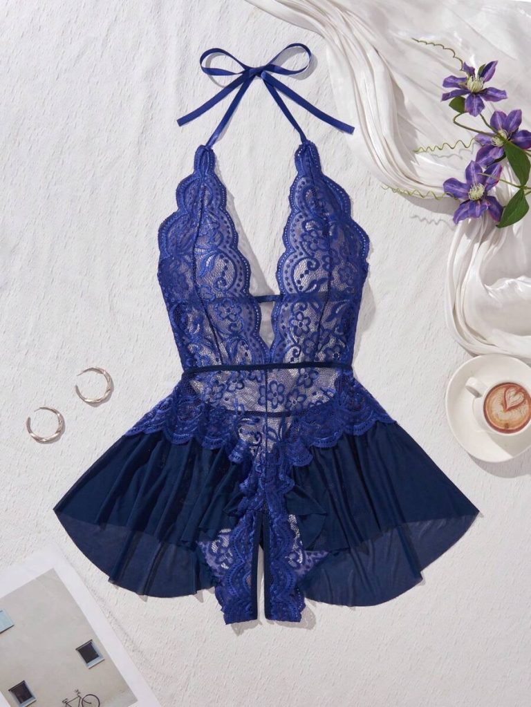 Women's Open Crotch Lace Decorated Backless Halter Neck Sexy Bodysuit With Ruffle Trim, Rave - Image 60