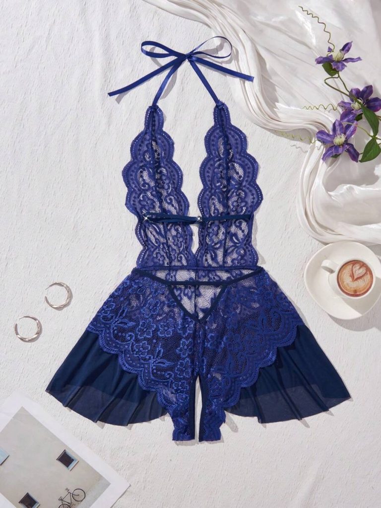 Women's Open Crotch Lace Decorated Backless Halter Neck Sexy Bodysuit With Ruffle Trim, Rave - Image 61