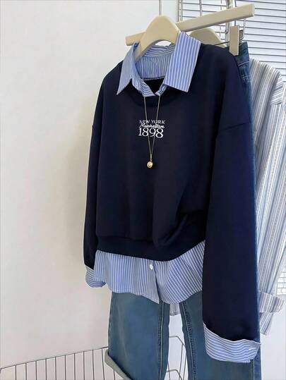 INAWLY Women's Casual Commuter College Style Letter & Number Graphic Striped Splice Sweatshirt, Spring/Autumn