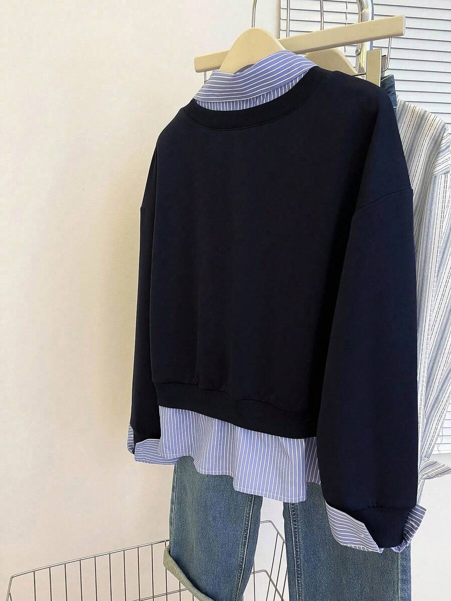 INAWLY Women's Casual Commuter College Style Letter & Number Graphic Striped Splice Sweatshirt, Spring/Autumn - Image 3