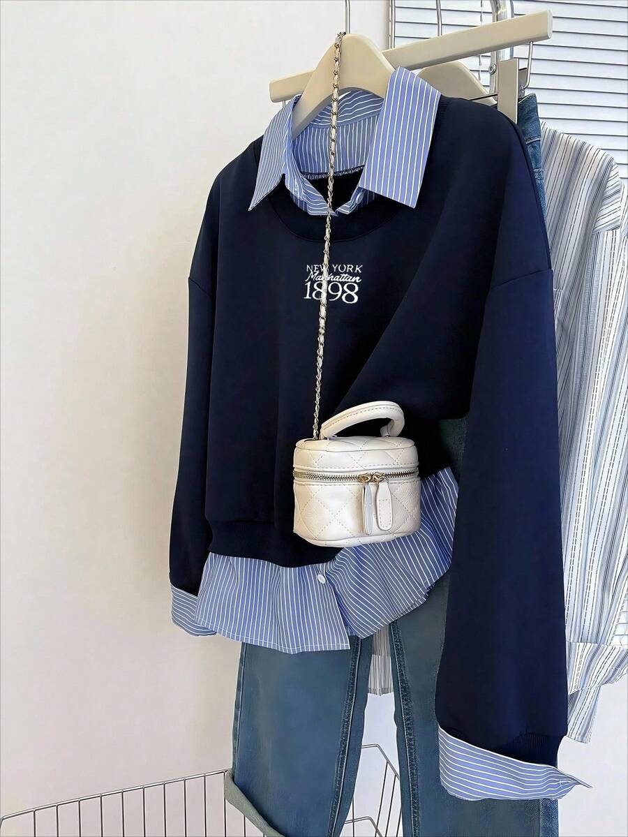 INAWLY Women's Casual Commuter College Style Letter & Number Graphic Striped Splice Sweatshirt, Spring/Autumn - Image 4