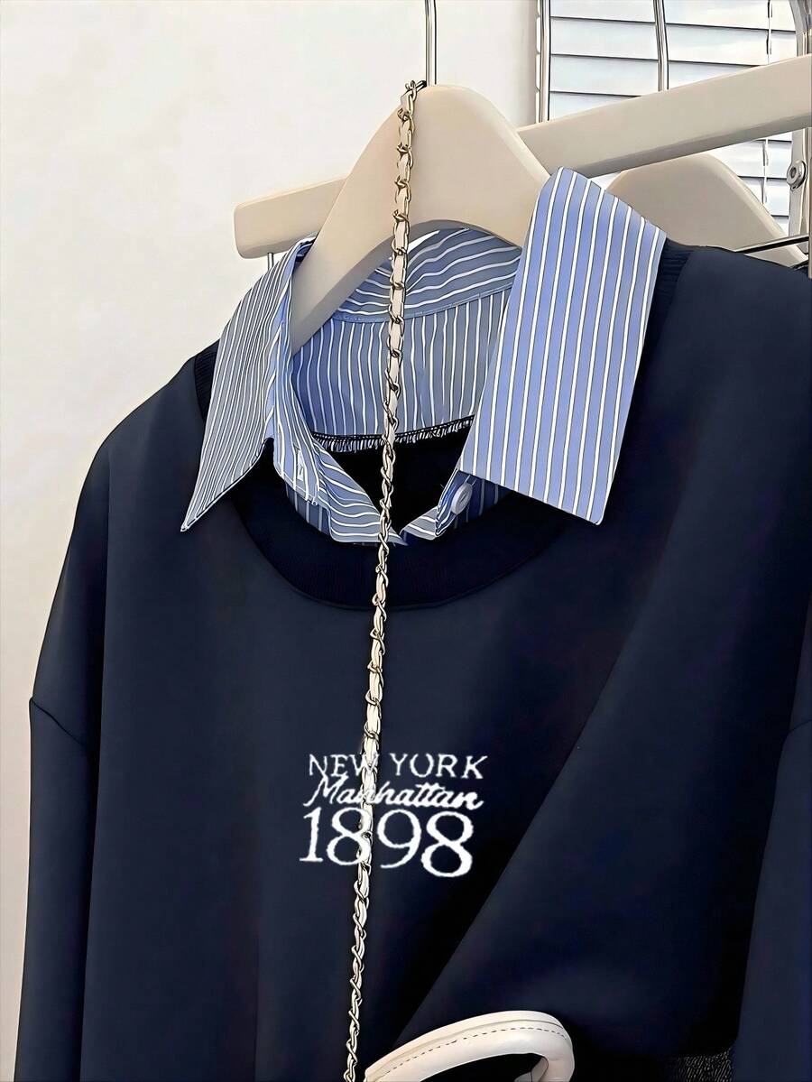 INAWLY Women's Casual Commuter College Style Letter & Number Graphic Striped Splice Sweatshirt, Spring/Autumn - Image 5