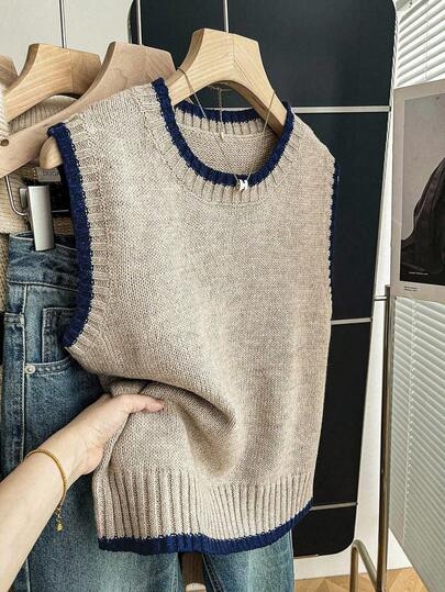 Franclia Back To School Casual Style Loose Round Neck Sleeveless Woolen Woven Contrasting Color Trimmed Khaki Autumn And Winter Women's Knitted Top Fall Clothes For Women Going Out Tops Women