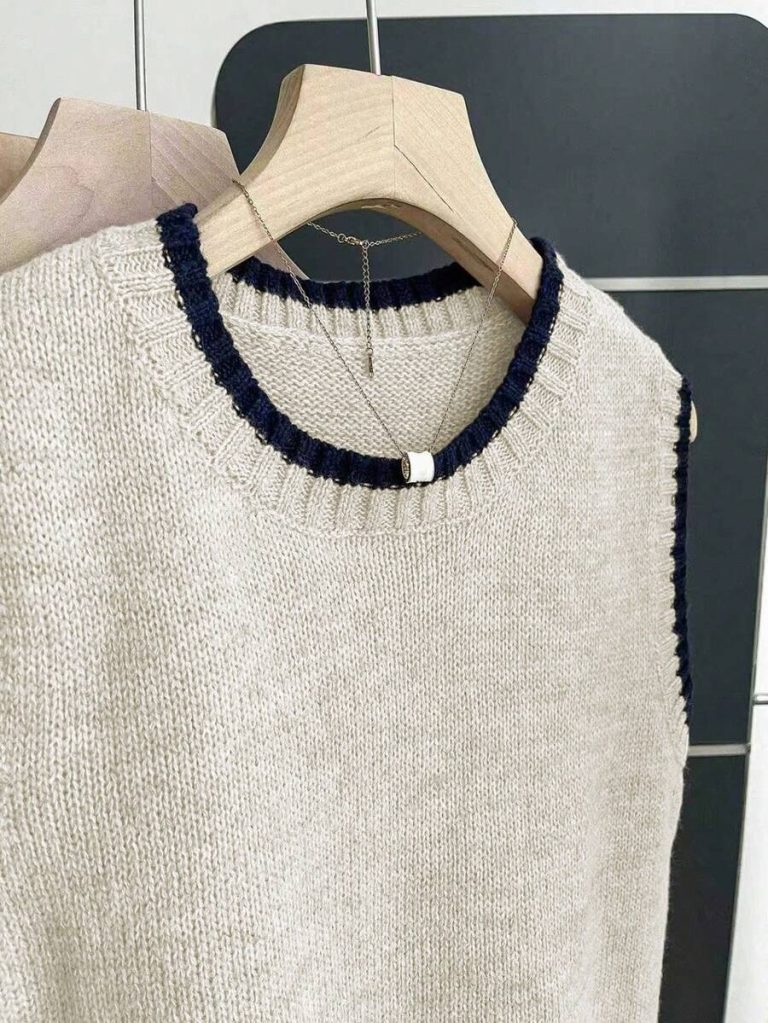 Franclia Back To School Casual Style Loose Round Neck Sleeveless Woolen Woven Contrasting Color Trimmed Khaki Autumn And Winter Women's Knitted Top Fall Clothes For Women Going Out Tops Women - Image 4