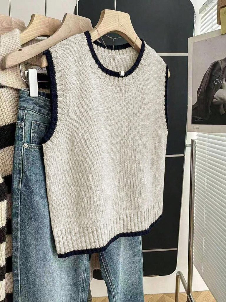Franclia Back To School Casual Style Loose Round Neck Sleeveless Woolen Woven Contrasting Color Trimmed Khaki Autumn And Winter Women's Knitted Top Fall Clothes For Women Going Out Tops Women - Image 5