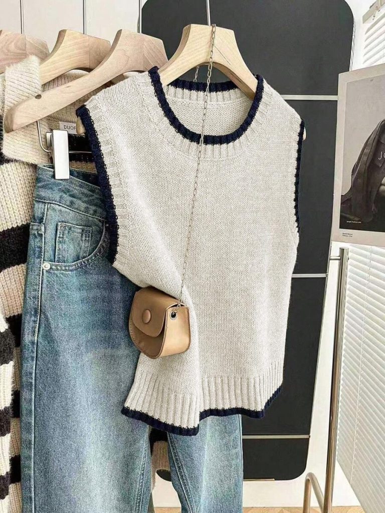 Franclia Back To School Casual Style Loose Round Neck Sleeveless Woolen Woven Contrasting Color Trimmed Khaki Autumn And Winter Women's Knitted Top Fall Clothes For Women Going Out Tops Women - Image 6