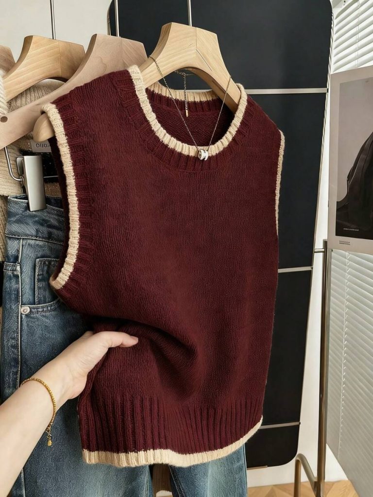 Franclia Back To School Casual Style Loose Round Neck Sleeveless Woolen Woven Contrasting Color Trimmed Khaki Autumn And Winter Women's Knitted Top Fall Clothes For Women Going Out Tops Women - Image 7