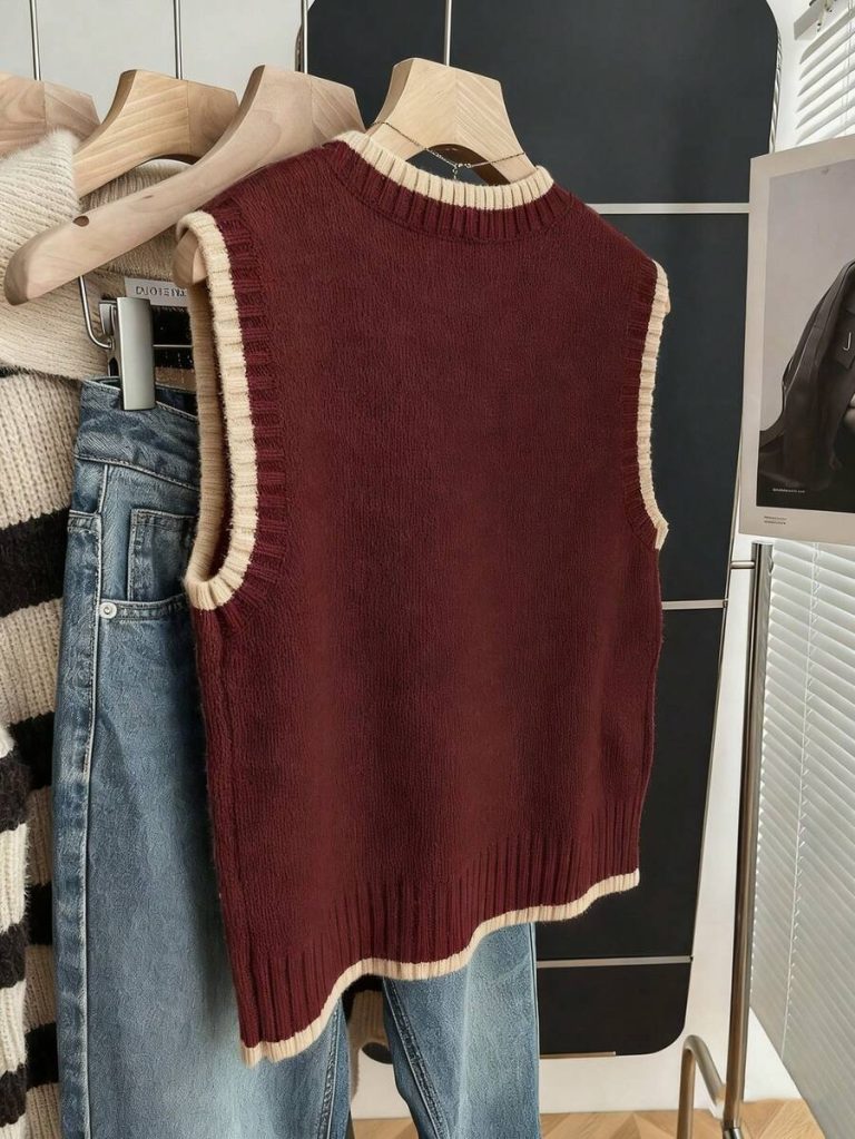 Franclia Back To School Casual Style Loose Round Neck Sleeveless Woolen Woven Contrasting Color Trimmed Khaki Autumn And Winter Women's Knitted Top Fall Clothes For Women Going Out Tops Women - Image 8