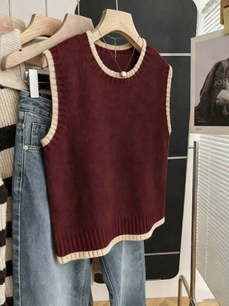 Franclia Back To School Casual Style Loose Round Neck Sleeveless Woolen Woven Contrasting Color Trimmed Khaki Autumn And Winter Women's Knitted Top Fall Clothes For Women Going Out Tops Women - Image 9