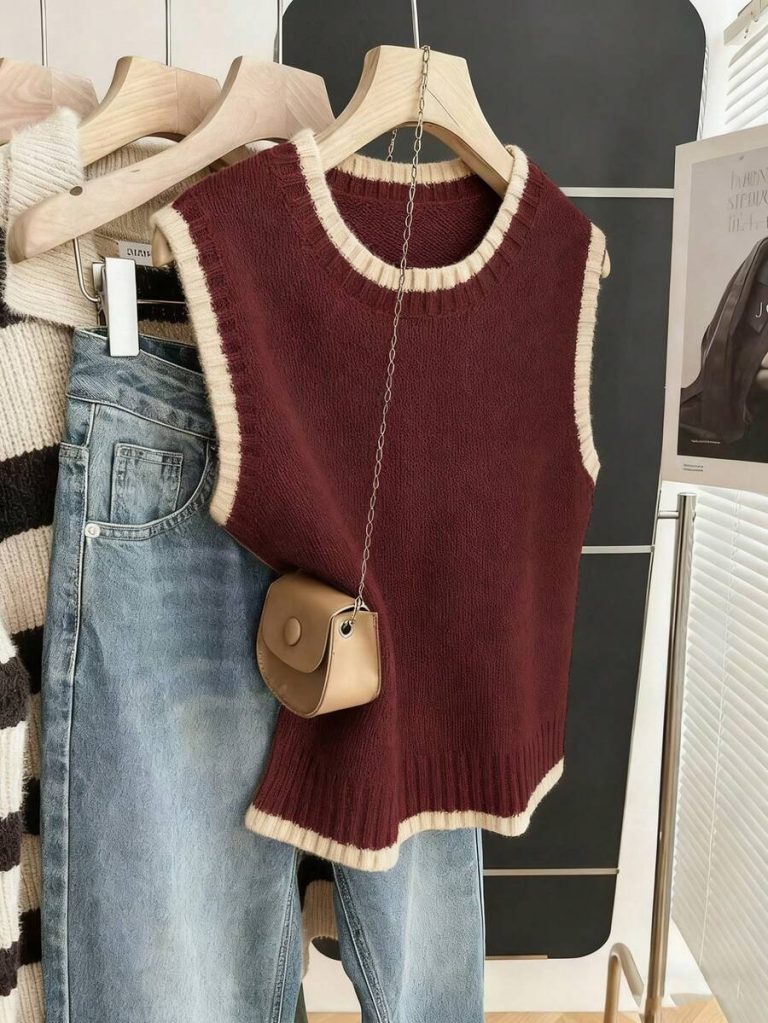 Franclia Back To School Casual Style Loose Round Neck Sleeveless Woolen Woven Contrasting Color Trimmed Khaki Autumn And Winter Women's Knitted Top Fall Clothes For Women Going Out Tops Women - Image 10