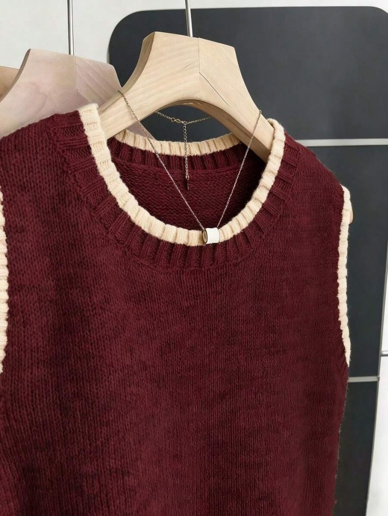 Franclia Back To School Casual Style Loose Round Neck Sleeveless Woolen Woven Contrasting Color Trimmed Khaki Autumn And Winter Women's Knitted Top Fall Clothes For Women Going Out Tops Women - Image 11