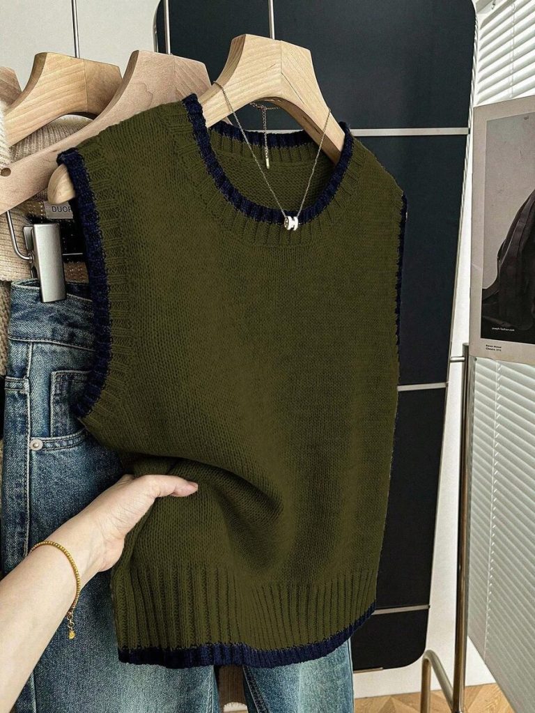 Franclia Back To School Casual Style Loose Round Neck Sleeveless Woolen Woven Contrasting Color Trimmed Khaki Autumn And Winter Women's Knitted Top Fall Clothes For Women Going Out Tops Women - Image 12