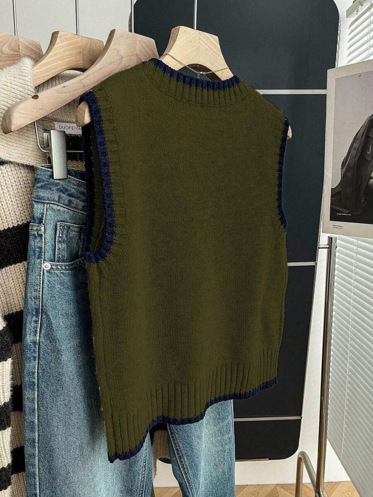 Franclia Back To School Casual Style Loose Round Neck Sleeveless Woolen Woven Contrasting Color Trimmed Khaki Autumn And Winter Women's Knitted Top Fall Clothes For Women Going Out Tops Women - Image 13