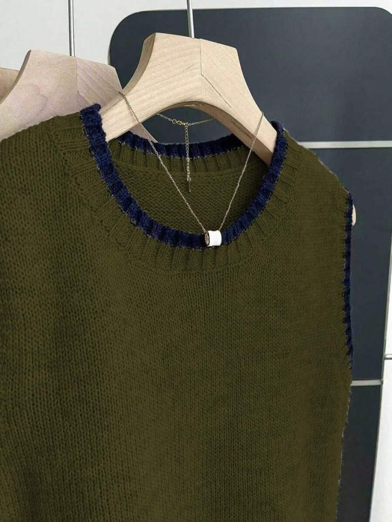 Franclia Back To School Casual Style Loose Round Neck Sleeveless Woolen Woven Contrasting Color Trimmed Khaki Autumn And Winter Women's Knitted Top Fall Clothes For Women Going Out Tops Women - Image 14