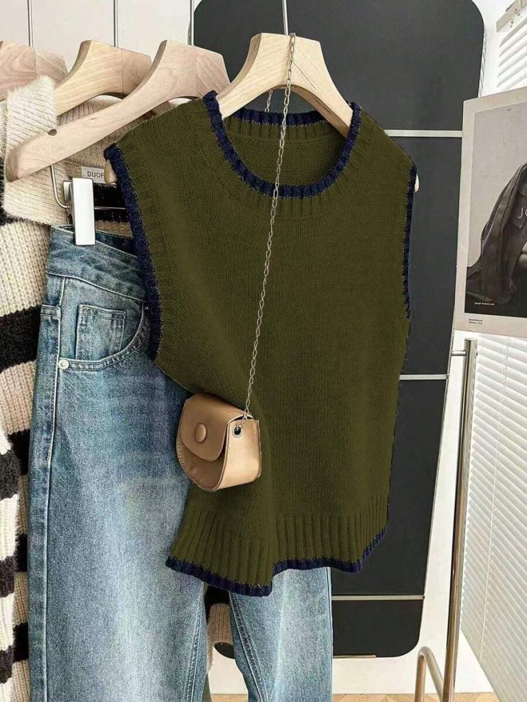 Franclia Back To School Casual Style Loose Round Neck Sleeveless Woolen Woven Contrasting Color Trimmed Khaki Autumn And Winter Women's Knitted Top Fall Clothes For Women Going Out Tops Women - Image 15