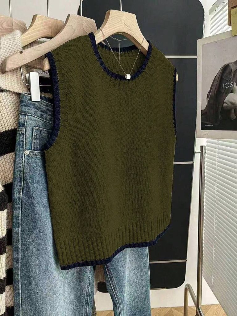 Franclia Back To School Casual Style Loose Round Neck Sleeveless Woolen Woven Contrasting Color Trimmed Khaki Autumn And Winter Women's Knitted Top Fall Clothes For Women Going Out Tops Women - Image 16