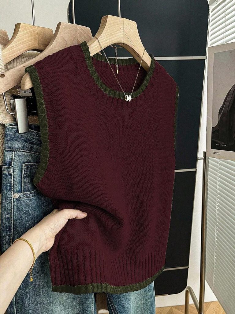 Franclia Back To School Casual Style Loose Round Neck Sleeveless Woolen Woven Contrasting Color Trimmed Khaki Autumn And Winter Women's Knitted Top Fall Clothes For Women Going Out Tops Women - Image 17
