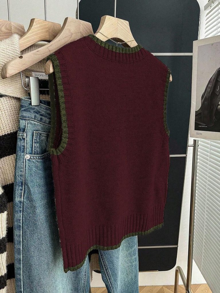 Franclia Back To School Casual Style Loose Round Neck Sleeveless Woolen Woven Contrasting Color Trimmed Khaki Autumn And Winter Women's Knitted Top Fall Clothes For Women Going Out Tops Women - Image 18