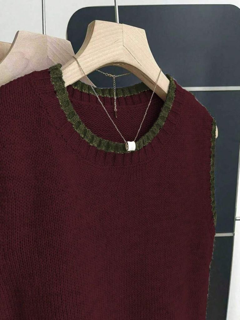 Franclia Back To School Casual Style Loose Round Neck Sleeveless Woolen Woven Contrasting Color Trimmed Khaki Autumn And Winter Women's Knitted Top Fall Clothes For Women Going Out Tops Women - Image 19