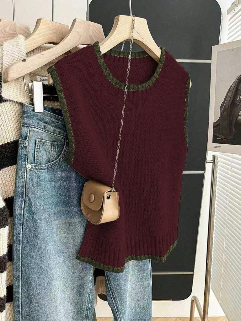 Franclia Back To School Casual Style Loose Round Neck Sleeveless Woolen Woven Contrasting Color Trimmed Khaki Autumn And Winter Women's Knitted Top Fall Clothes For Women Going Out Tops Women - Image 21