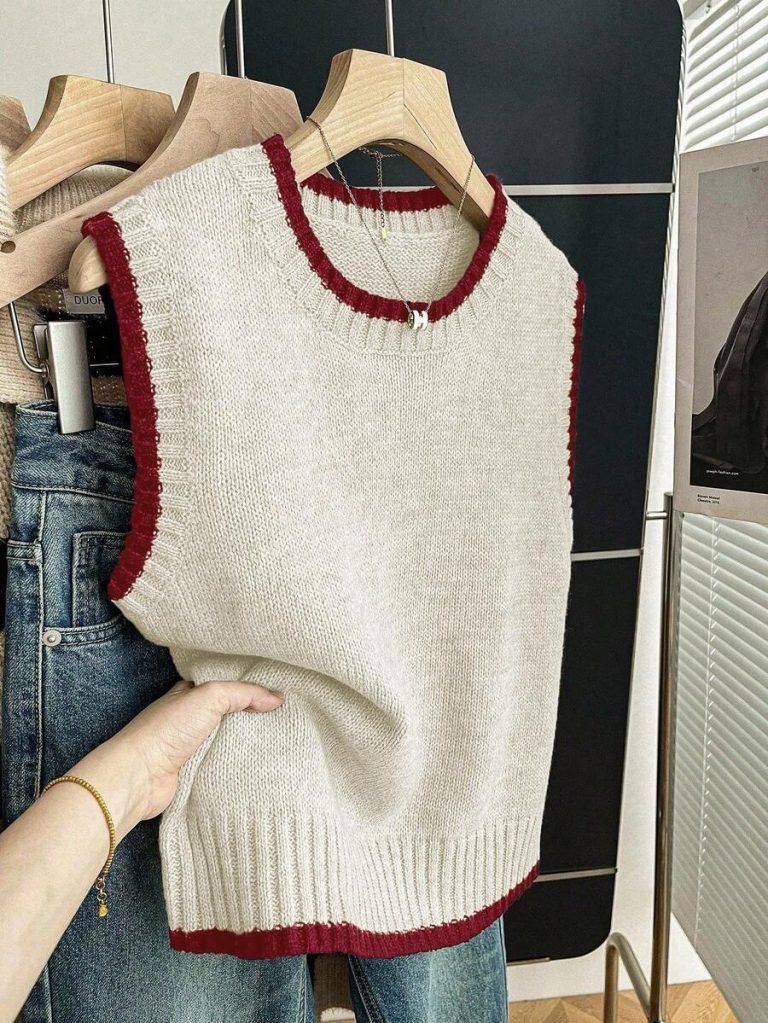 Franclia Back To School Casual Style Loose Round Neck Sleeveless Woolen Woven Contrasting Color Trimmed Khaki Autumn And Winter Women's Knitted Top Fall Clothes For Women Going Out Tops Women - Image 22
