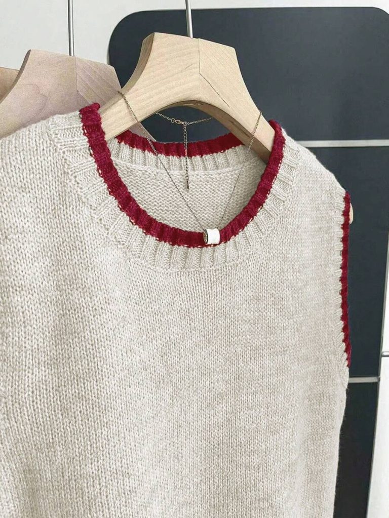 Franclia Back To School Casual Style Loose Round Neck Sleeveless Woolen Woven Contrasting Color Trimmed Khaki Autumn And Winter Women's Knitted Top Fall Clothes For Women Going Out Tops Women - Image 24