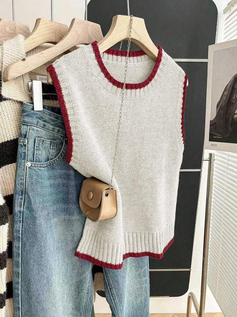 Franclia Back To School Casual Style Loose Round Neck Sleeveless Woolen Woven Contrasting Color Trimmed Khaki Autumn And Winter Women's Knitted Top Fall Clothes For Women Going Out Tops Women - Image 25