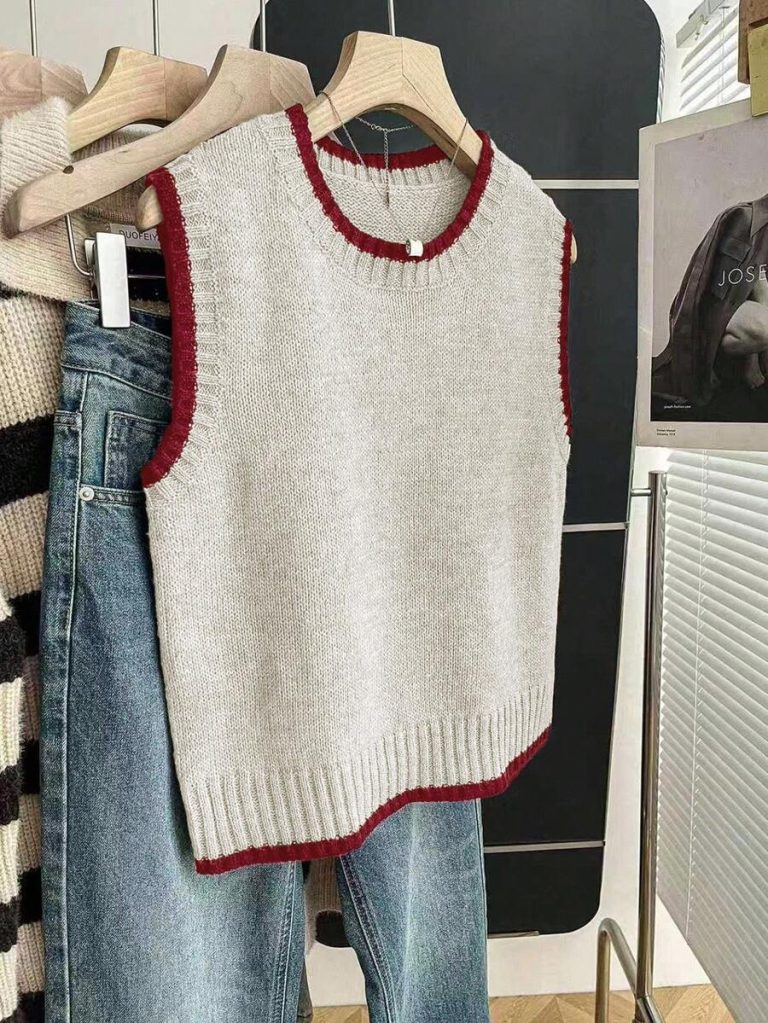 Franclia Back To School Casual Style Loose Round Neck Sleeveless Woolen Woven Contrasting Color Trimmed Khaki Autumn And Winter Women's Knitted Top Fall Clothes For Women Going Out Tops Women - Image 26